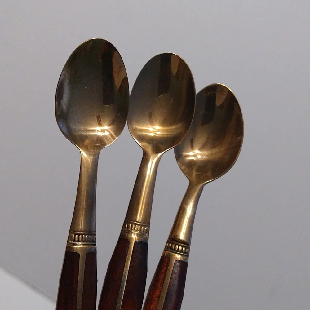 6 Vintage Brass and Rosewood Demitasse Spoons in Original Red Velvet case